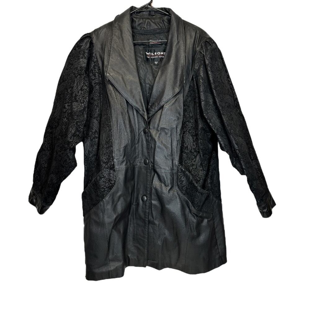 Vintage 80s Wilsons Black Leather Paisley Print Long Sleeve Coat‎ Size M